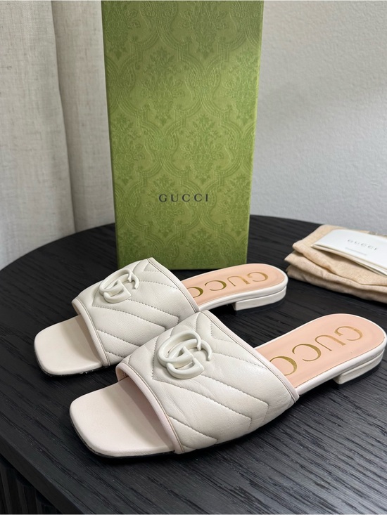 Gucci Shoes - Gucci GG Marmont Slide Sandals Chevron Leather White 37